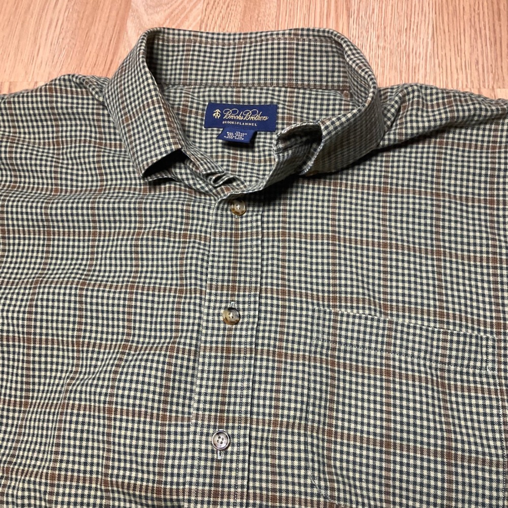 Brooks Brothers Brooks flannel Shirt Mens XL Green Brown Check Cotton Wool